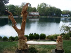 Bench with a Heron, Eagle, and Ducks